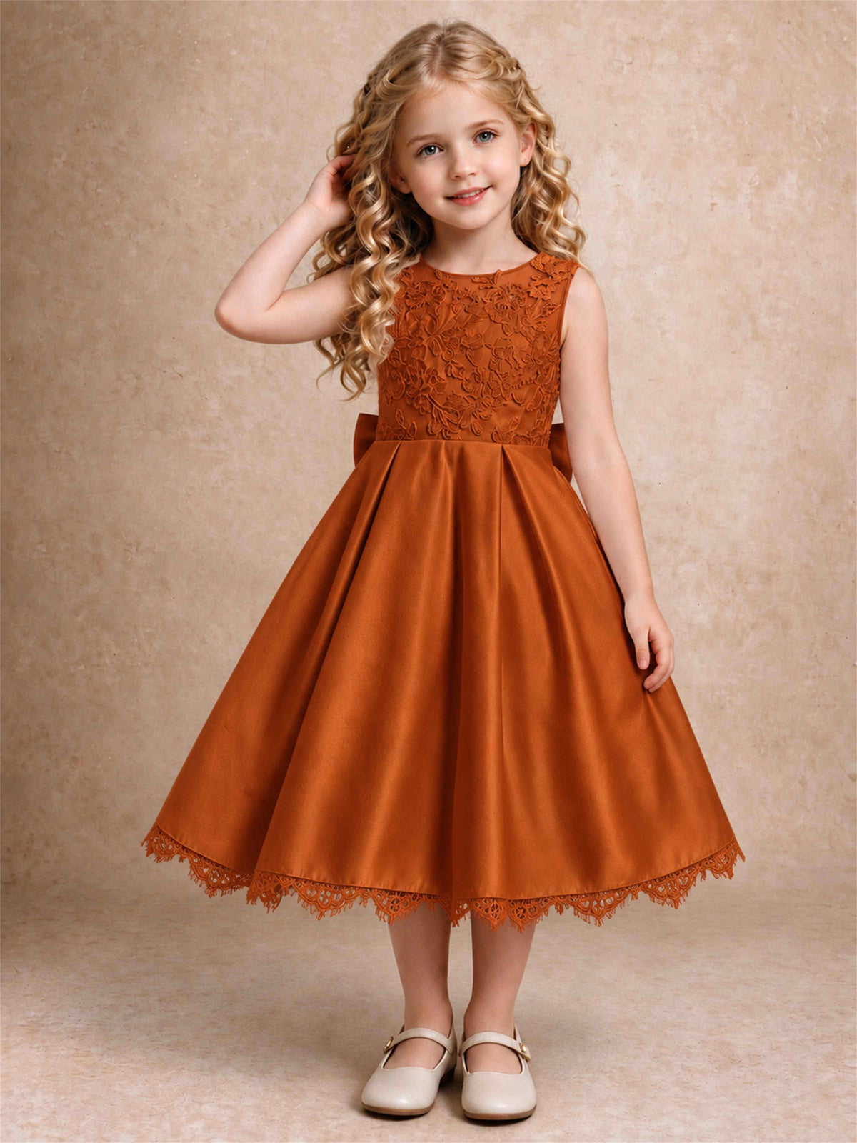 Flower Girl Dress Sleeveless Floral Lace Knee Length Lace Hem First Communion Dress