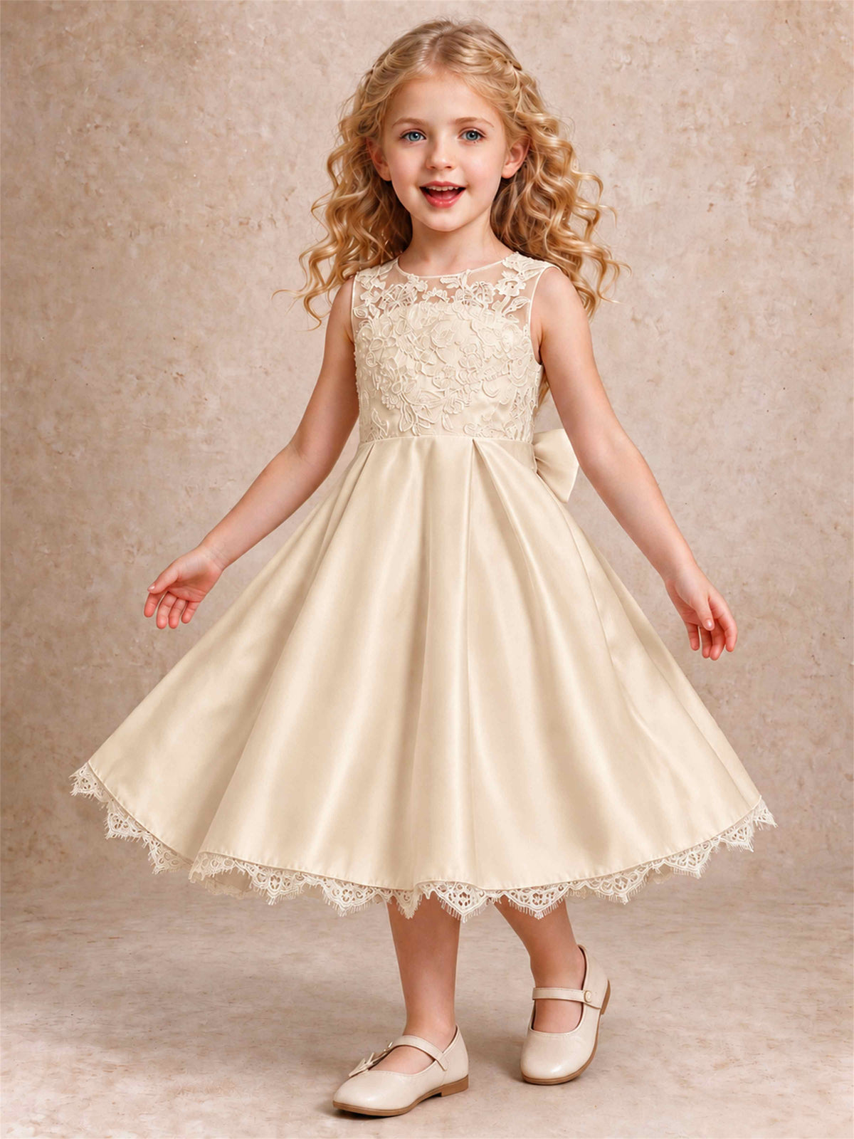 Flower Girl Dress Sleeveless Floral Lace Knee Length Lace Hem First Communion Dress