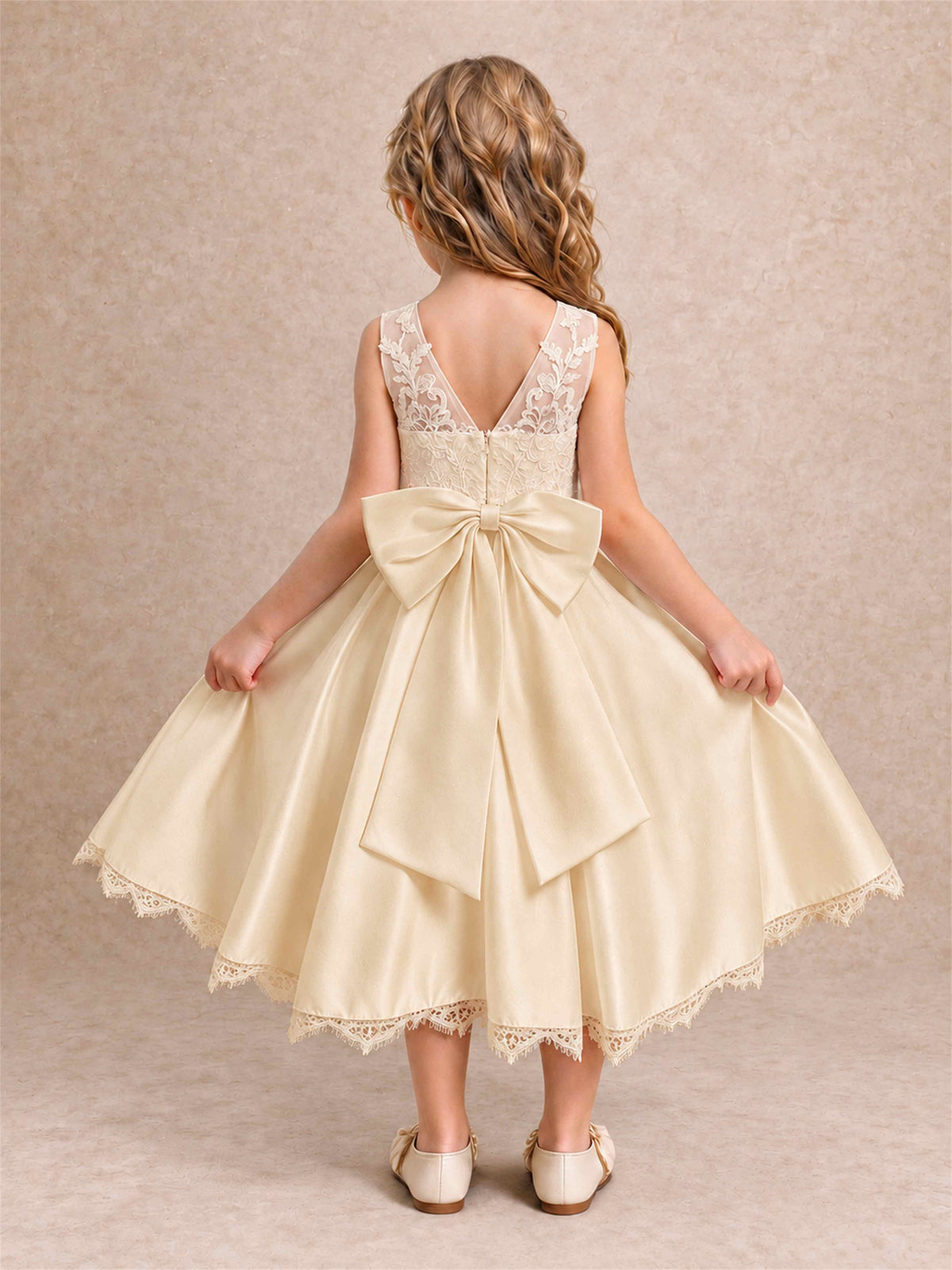 Flower Girl Dress Sleeveless Floral Lace Knee Length Lace Hem First Communion Dress