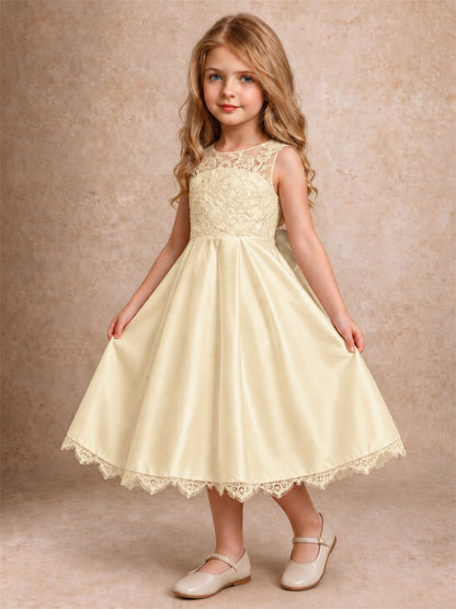 Flower Girl Dress Sleeveless Floral Lace Knee Length Lace Hem First Communion Dress