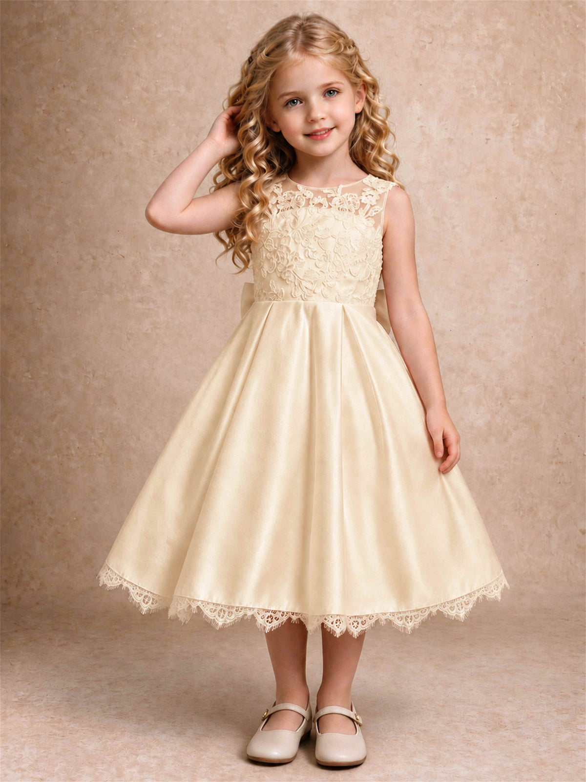 Flower Girl Dress Sleeveless Floral Lace Knee Length Lace Hem First Communion Dress