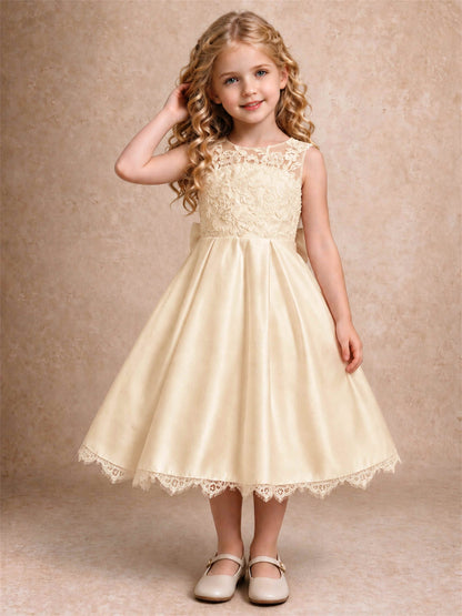 Flower Girl Dress Sleeveless Floral Lace Knee Length Lace Hem First Communion Dress