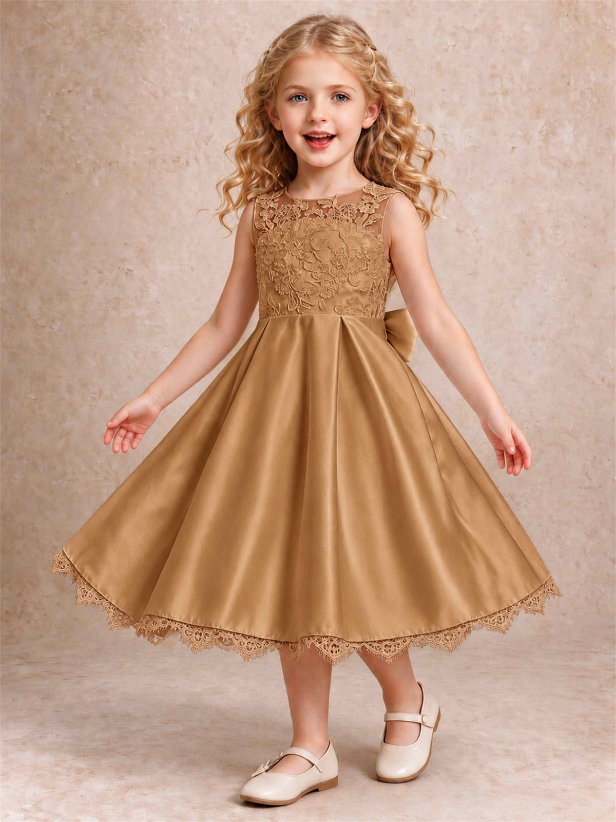 Flower Girl Dress Sleeveless Floral Lace Knee Length Lace Hem First Communion Dress