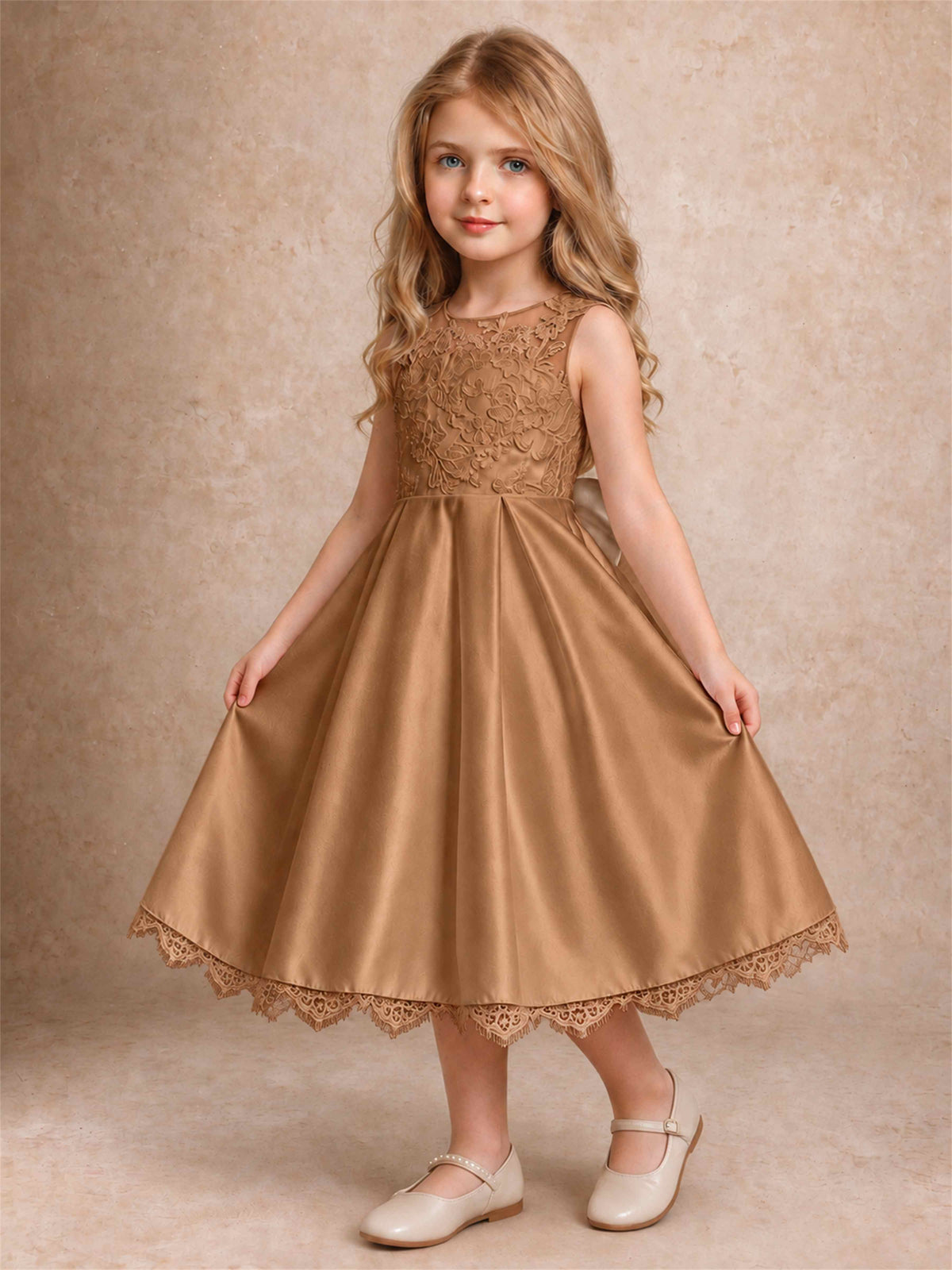 Flower Girl Dress Sleeveless Floral Lace Knee Length Lace Hem First Communion Dress