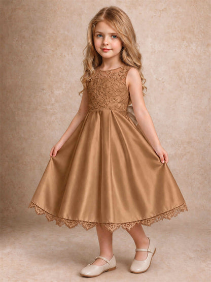 Flower Girl Dress Sleeveless Floral Lace Knee Length Lace Hem First Communion Dress
