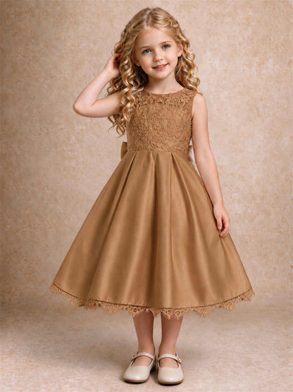 Flower Girl Dress Sleeveless Floral Lace Knee Length Lace Hem First Communion Dress