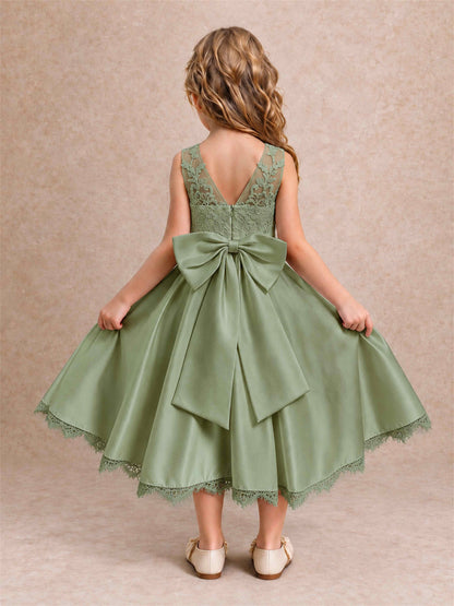 Flower Girl Dress Sleeveless Floral Lace Knee Length Lace Hem First Communion Dress