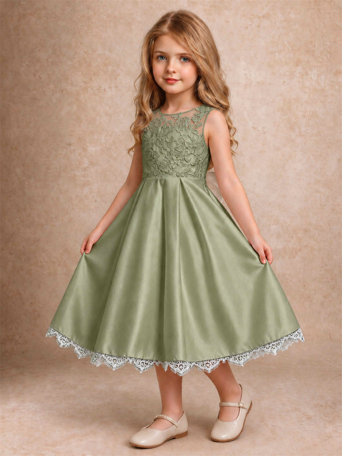 Flower Girl Dress Sleeveless Floral Lace Knee Length Lace Hem First Communion Dress