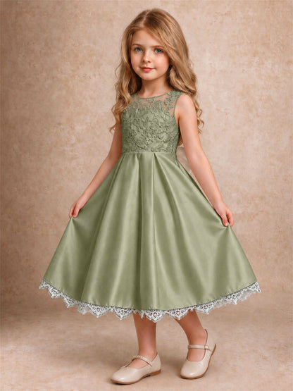 Flower Girl Dress Sleeveless Floral Lace Knee Length Lace Hem First Communion Dress