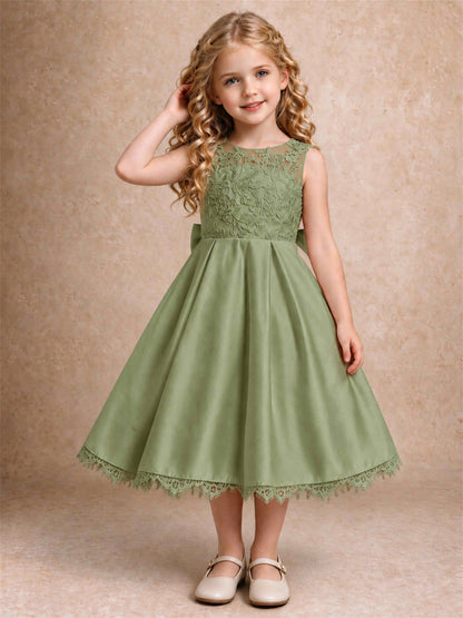 Flower Girl Dress Sleeveless Floral Lace Knee Length Lace Hem First Communion Dress