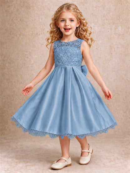 Flower Girl Dress Sleeveless Floral Lace Knee Length Lace Hem First Communion Dress