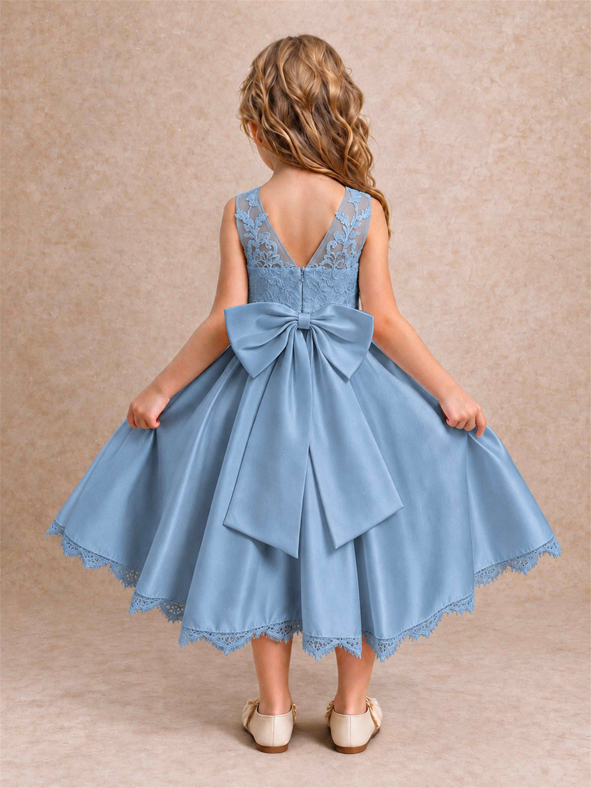 Flower Girl Dress Sleeveless Floral Lace Knee Length Lace Hem First Communion Dress