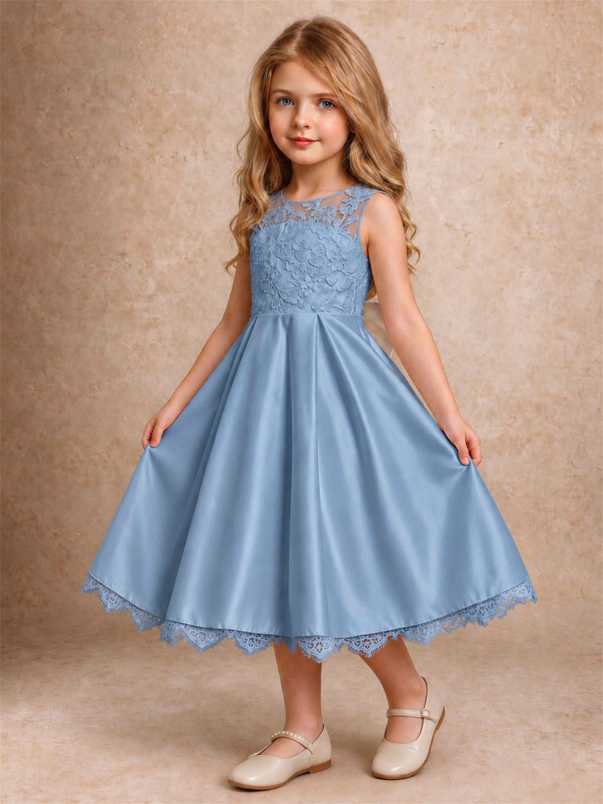 Flower Girl Dress Sleeveless Floral Lace Knee Length Lace Hem First Communion Dress