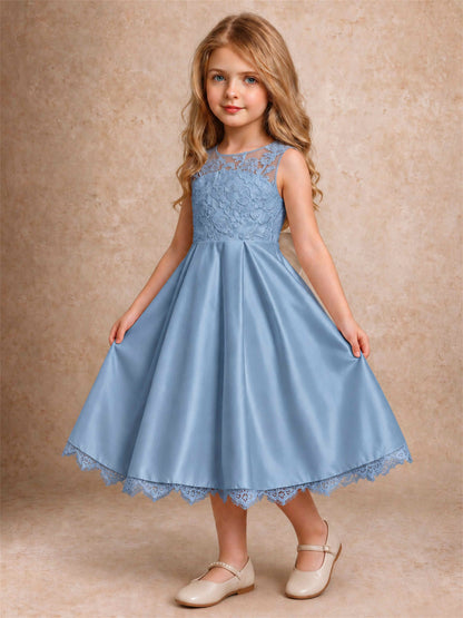 Flower Girl Dress Sleeveless Floral Lace Knee Length Lace Hem First Communion Dress