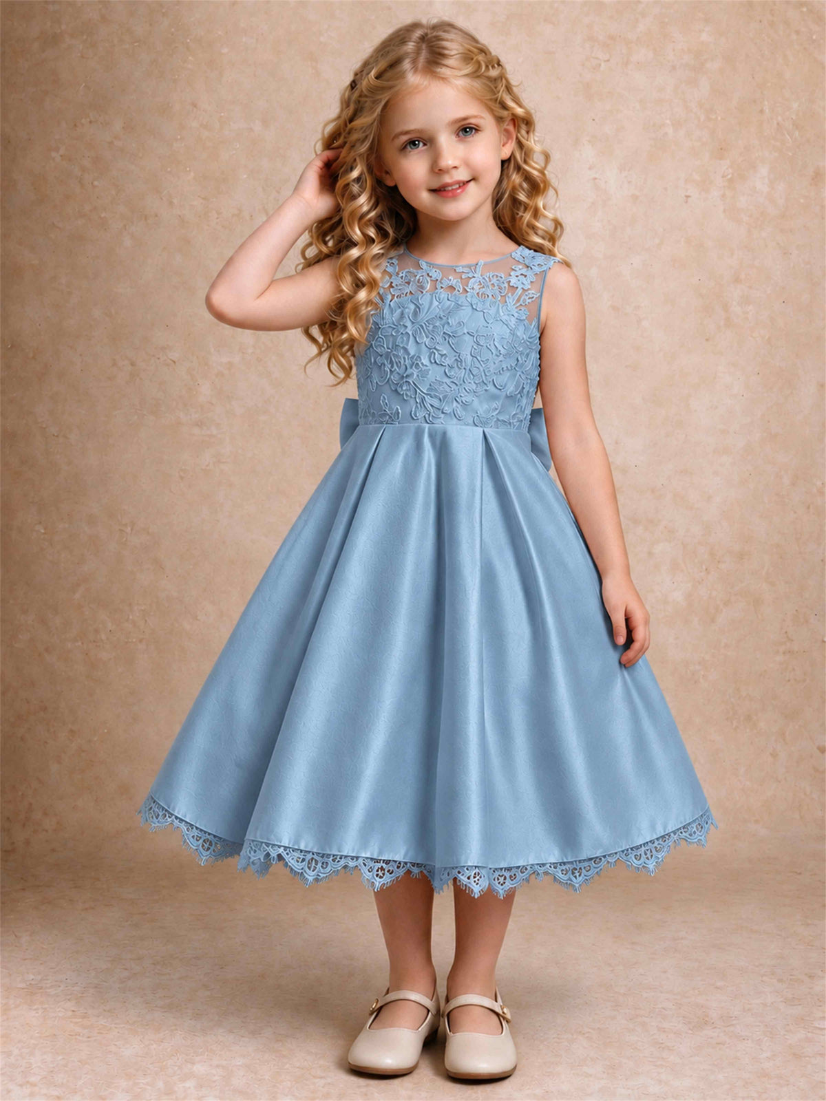 Flower Girl Dress Sleeveless Floral Lace Knee Length Lace Hem First Communion Dress