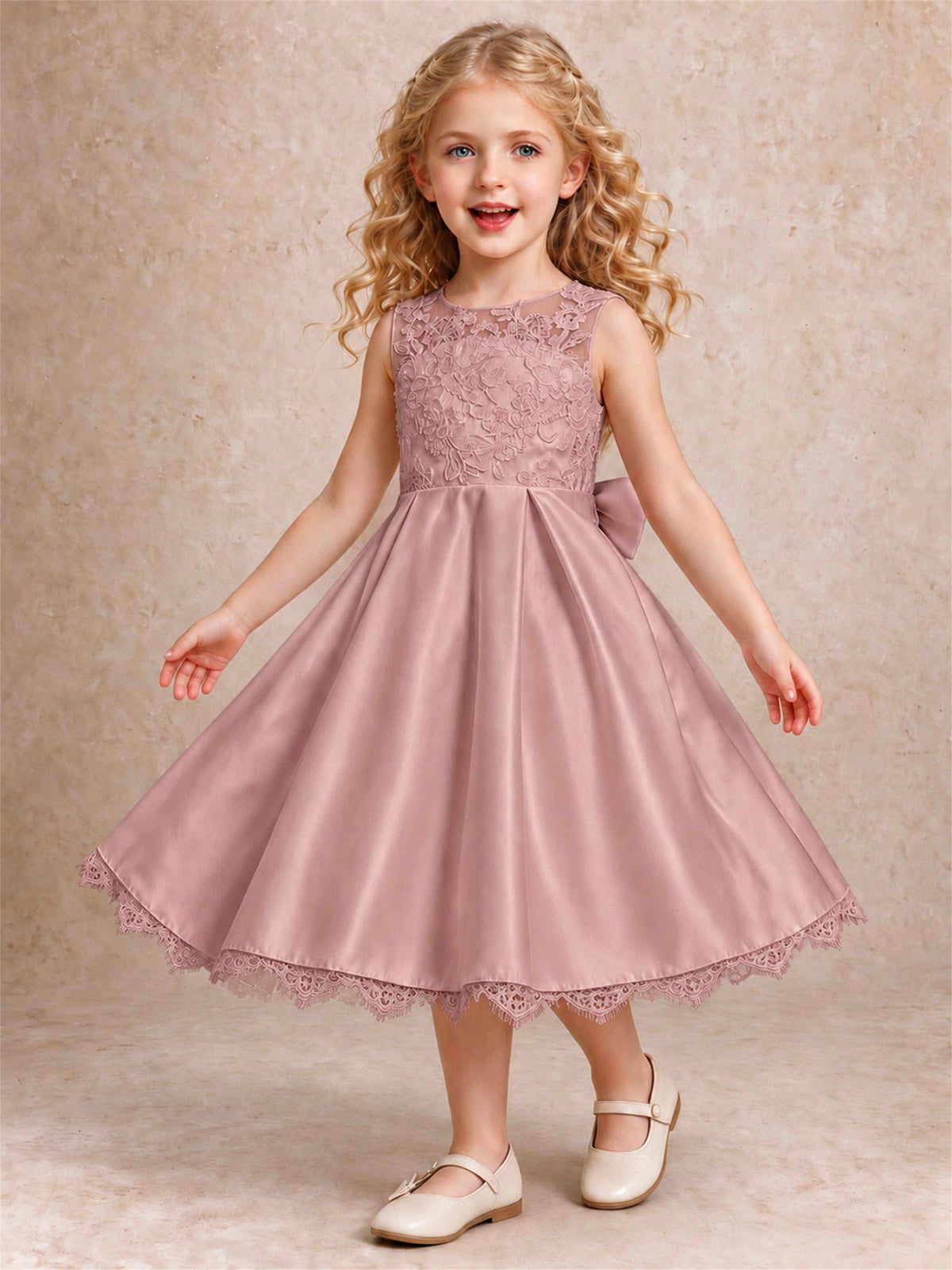 Flower Girl Dress Sleeveless Floral Lace Knee Length Lace Hem First Communion Dress