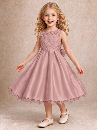 Flower Girl Dress Sleeveless Floral Lace Knee Length Lace Hem First Communion Dress