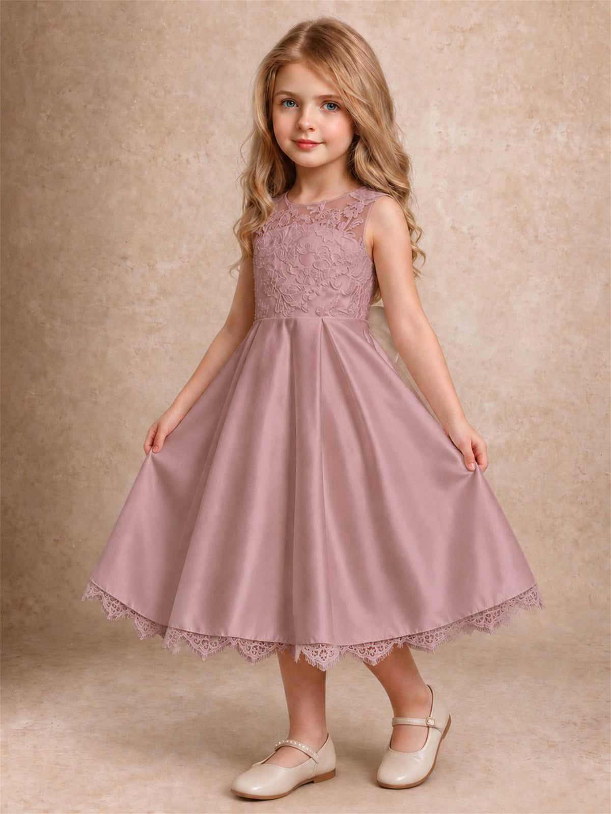 Flower Girl Dress Sleeveless Floral Lace Knee Length Lace Hem First Communion Dress