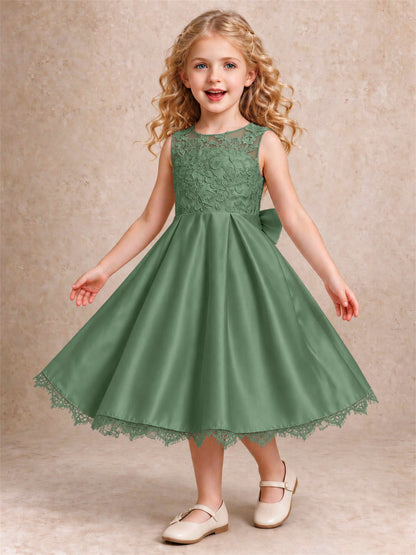 Flower Girl Dress Sleeveless Floral Lace Knee Length Lace Hem First Communion Dress