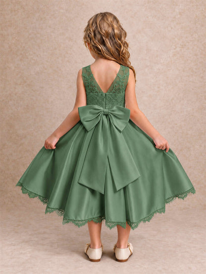 Flower Girl Dress Sleeveless Floral Lace Knee Length Lace Hem First Communion Dress
