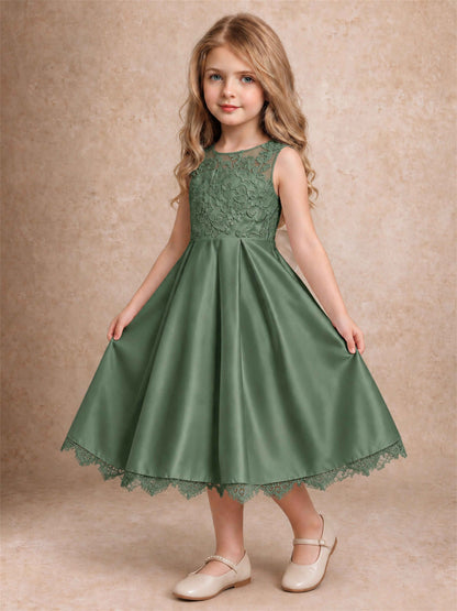 Flower Girl Dress Sleeveless Floral Lace Knee Length Lace Hem First Communion Dress