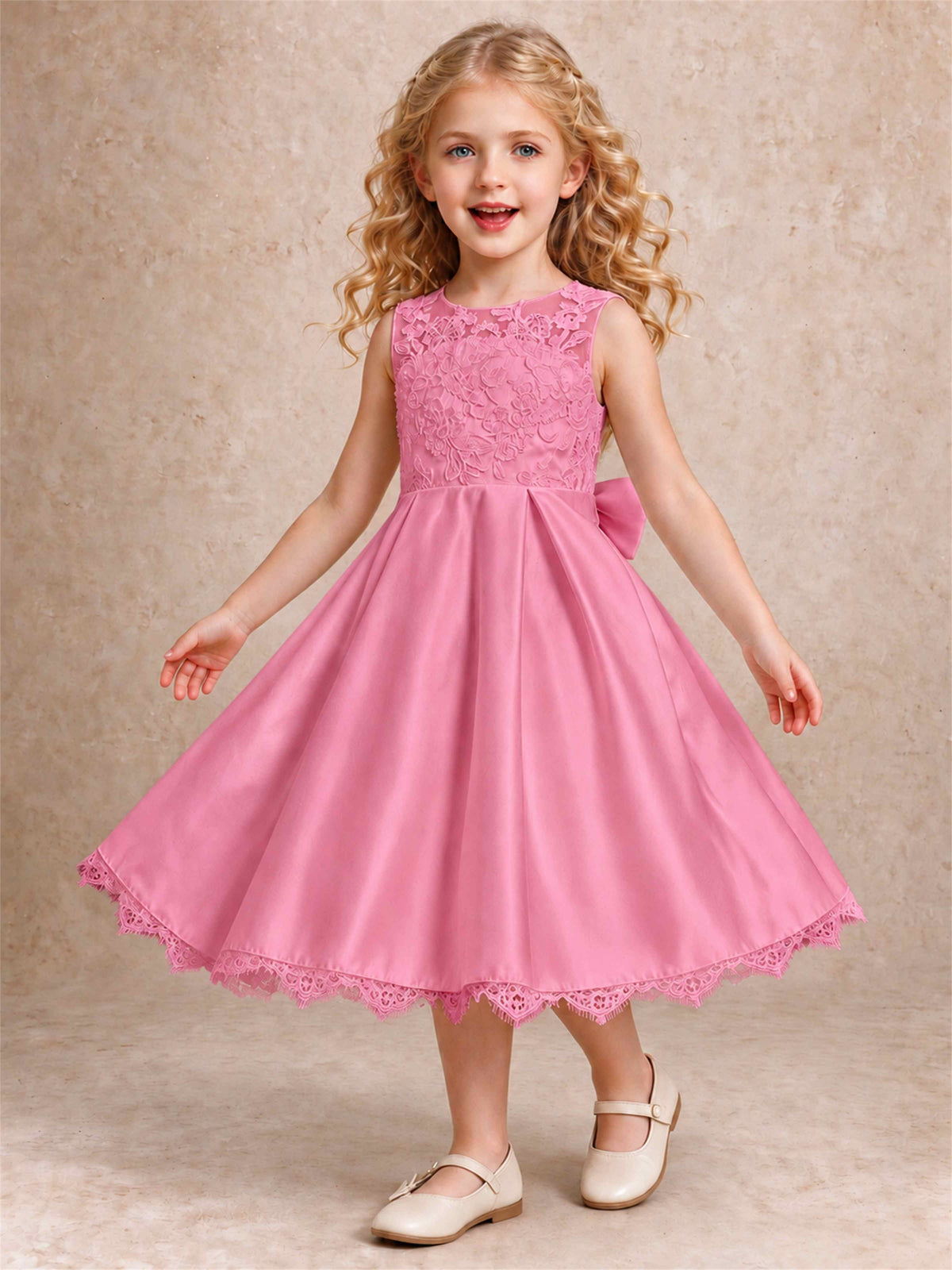Flower Girl Dress Sleeveless Floral Lace Knee Length Lace Hem First Communion Dress