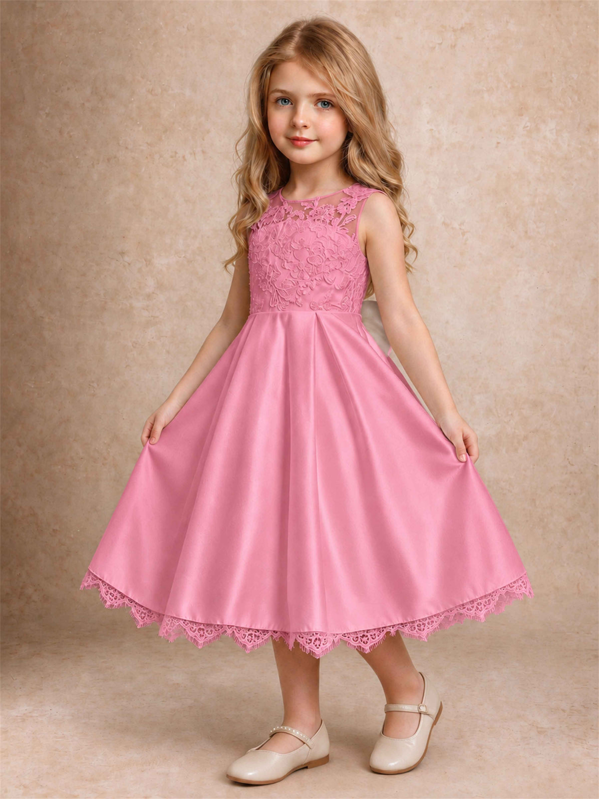 Flower Girl Dress Sleeveless Floral Lace Knee Length Lace Hem First Communion Dress