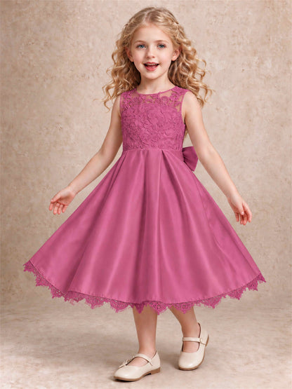 Flower Girl Dress Sleeveless Floral Lace Knee Length Lace Hem First Communion Dress