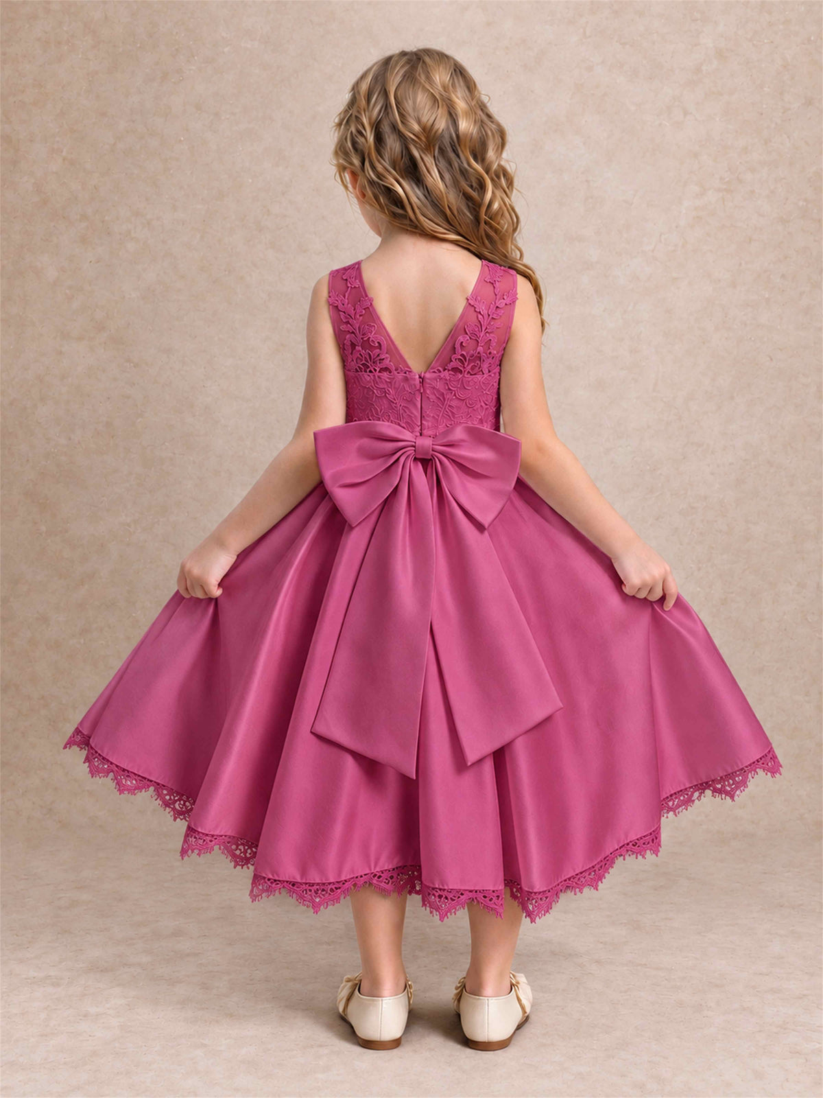 Flower Girl Dress Sleeveless Floral Lace Knee Length Lace Hem First Communion Dress