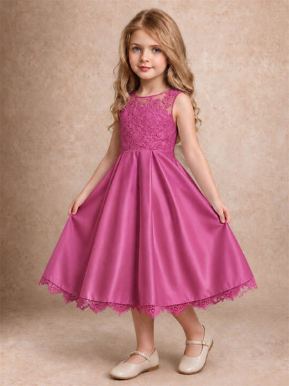 Flower Girl Dress Sleeveless Floral Lace Knee Length Lace Hem First Communion Dress