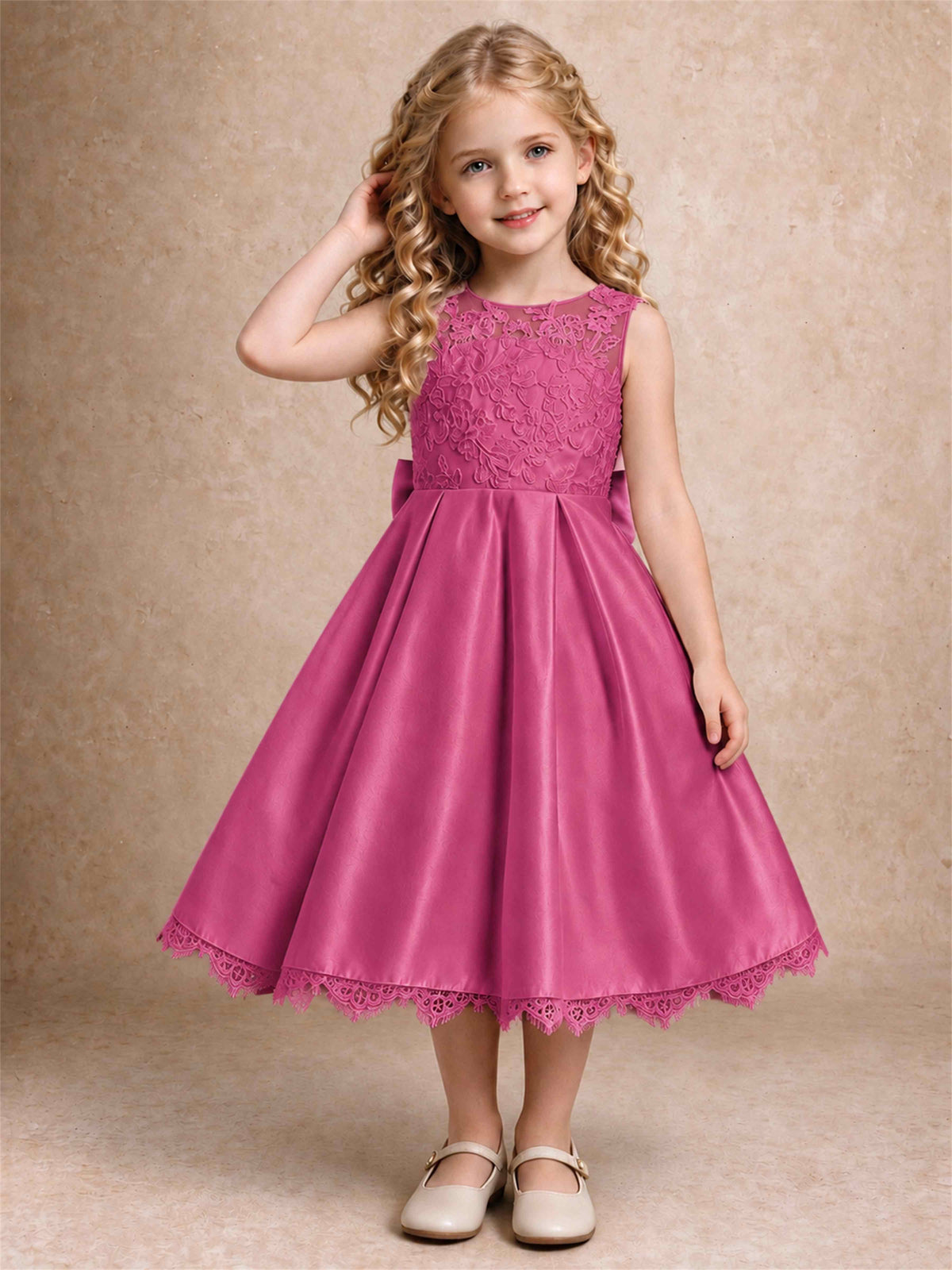 Flower Girl Dress Sleeveless Floral Lace Knee Length Lace Hem First Communion Dress
