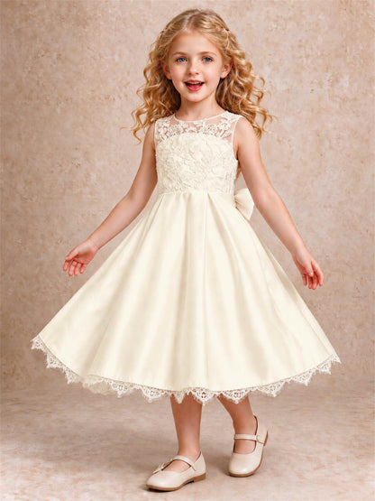Flower Girl Dress Sleeveless Floral Lace Knee Length Lace Hem First Communion Dress