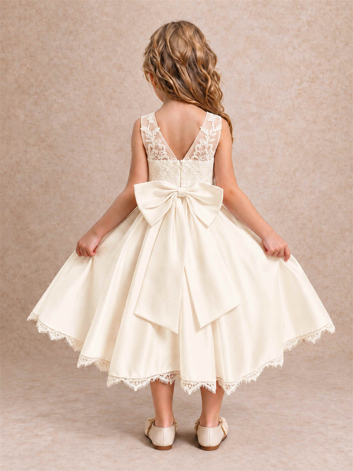 Flower Girl Dress Sleeveless Floral Lace Knee Length Lace Hem First Communion Dress