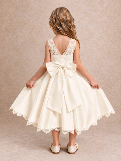 Flower Girl Dress Sleeveless Floral Lace Knee Length Lace Hem First Communion Dress