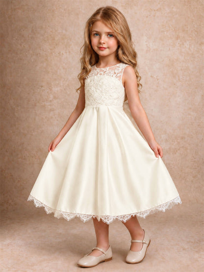 Flower Girl Dress Sleeveless Floral Lace Knee Length Lace Hem First Communion Dress