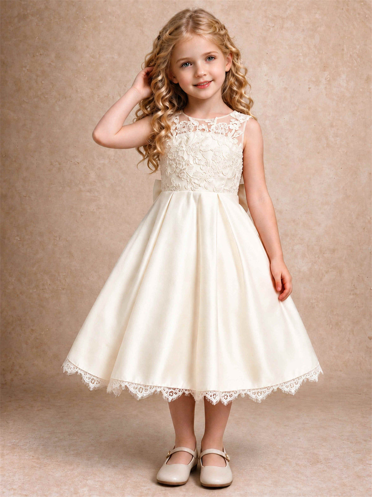 Flower Girl Dress Sleeveless Floral Lace Knee Length Lace Hem First Communion Dress