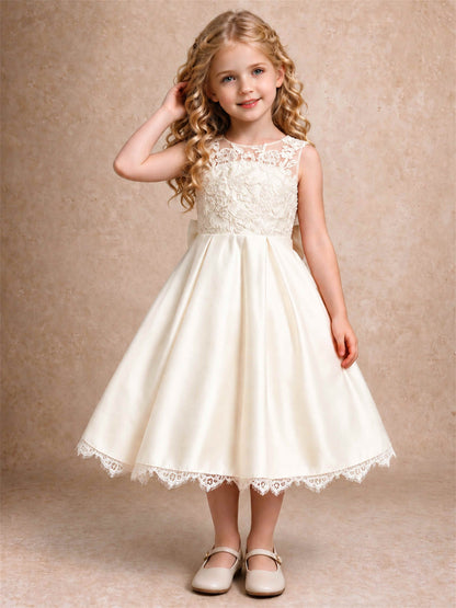 Flower Girl Dress Sleeveless Floral Lace Knee Length Lace Hem First Communion Dress