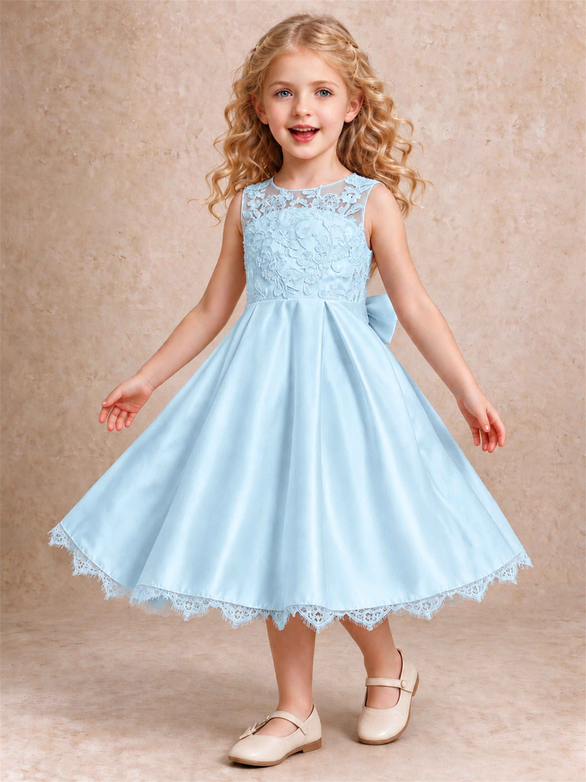 Flower Girl Dress Sleeveless Floral Lace Knee Length Lace Hem First Communion Dress