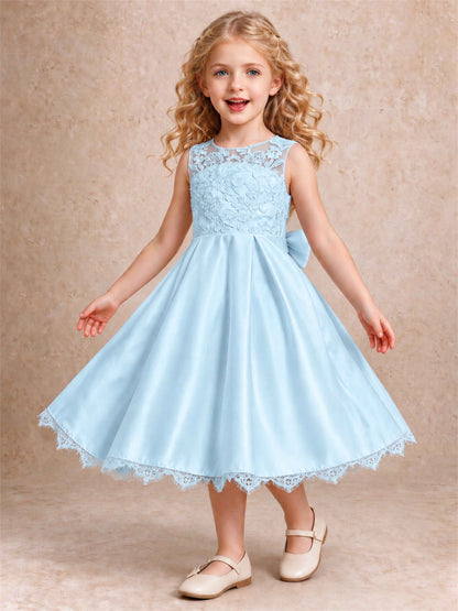 Flower Girl Dress Sleeveless Floral Lace Knee Length Lace Hem First Communion Dress