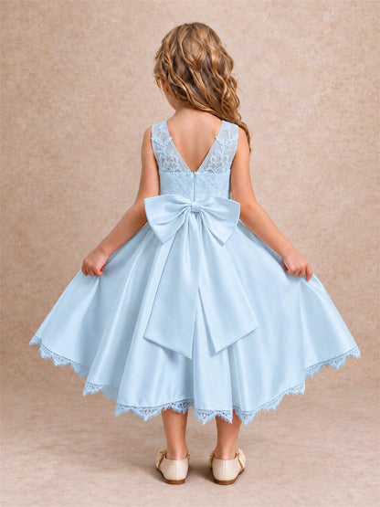 Flower Girl Dress Sleeveless Floral Lace Knee Length Lace Hem First Communion Dress