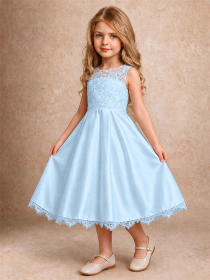 Flower Girl Dress Sleeveless Floral Lace Knee Length Lace Hem First Communion Dress