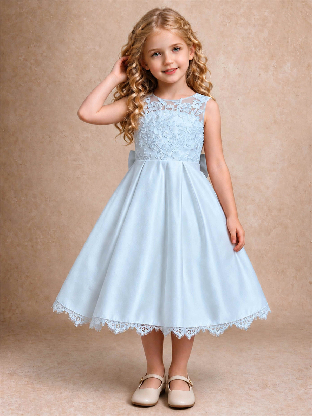 Flower Girl Dress Sleeveless Floral Lace Knee Length Lace Hem First Communion Dress