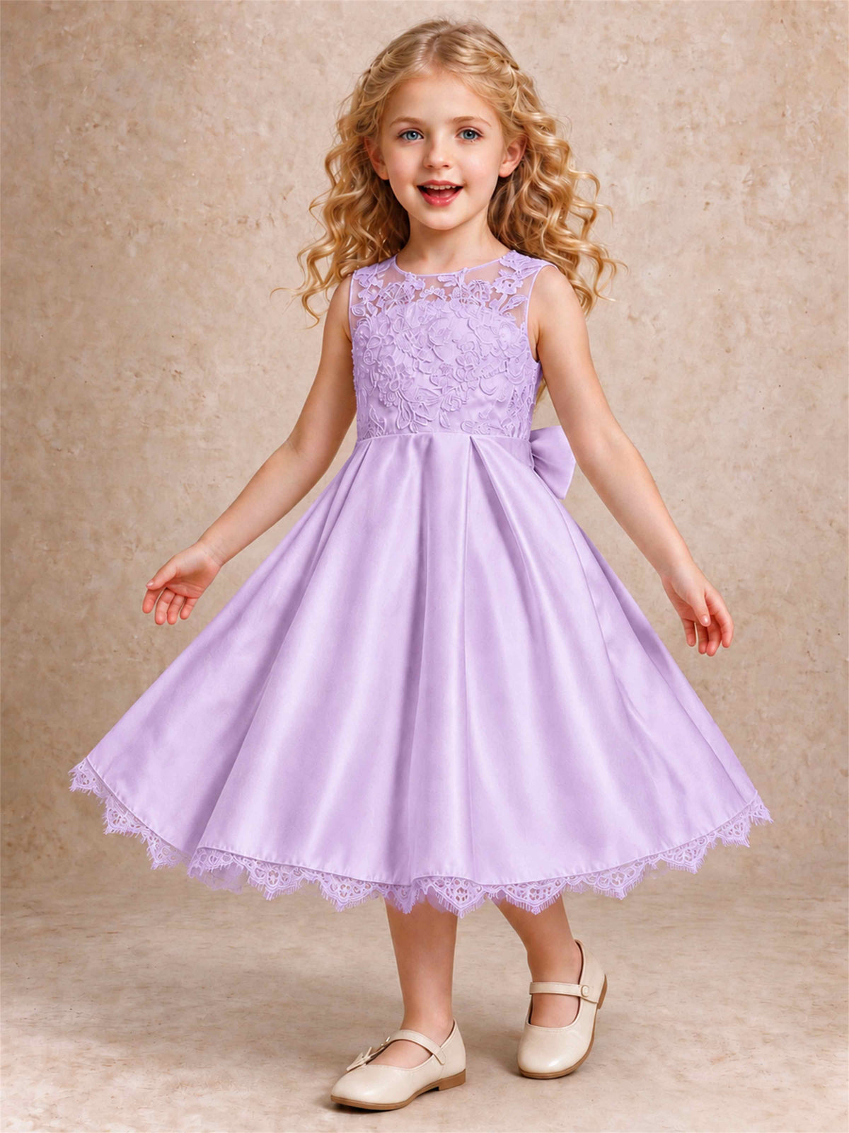 Flower Girl Dress Sleeveless Floral Lace Knee Length Lace Hem First Communion Dress