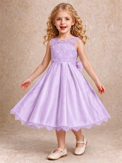 Flower Girl Dress Sleeveless Floral Lace Knee Length Lace Hem First Communion Dress