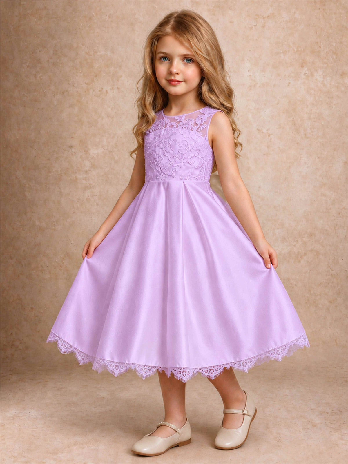 Flower Girl Dress Sleeveless Floral Lace Knee Length Lace Hem First Communion Dress