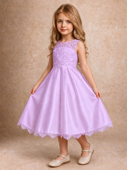 Flower Girl Dress Sleeveless Floral Lace Knee Length Lace Hem First Communion Dress