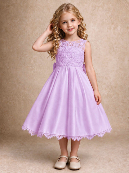 Flower Girl Dress Sleeveless Floral Lace Knee Length Lace Hem First Communion Dress