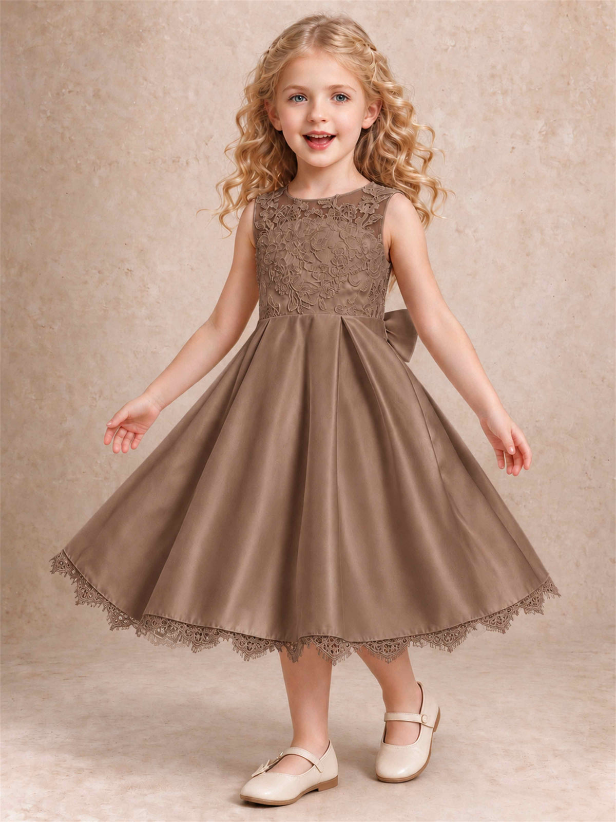 Flower Girl Dress Sleeveless Floral Lace Knee Length Lace Hem First Communion Dress