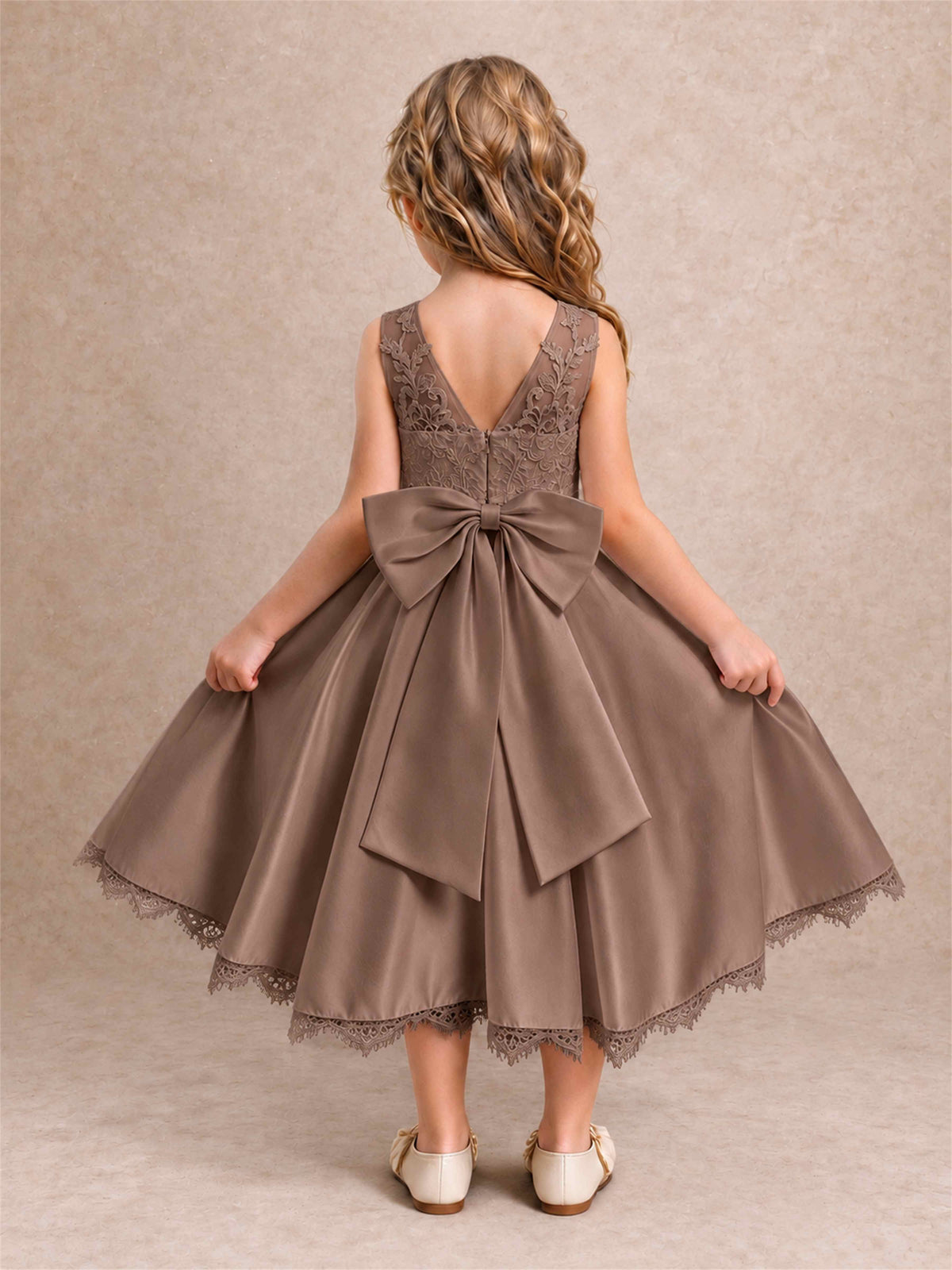 Flower Girl Dress Sleeveless Floral Lace Knee Length Lace Hem First Communion Dress