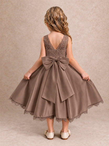 Flower Girl Dress Sleeveless Floral Lace Knee Length Lace Hem First Communion Dress